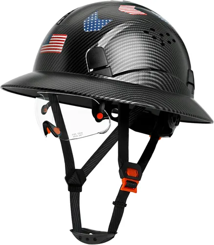 Casco duro de ala completa con patrón de fibra de carbono con visera, casco de seguridad de construcción aprobado por la OSHA para hombres y Fibra