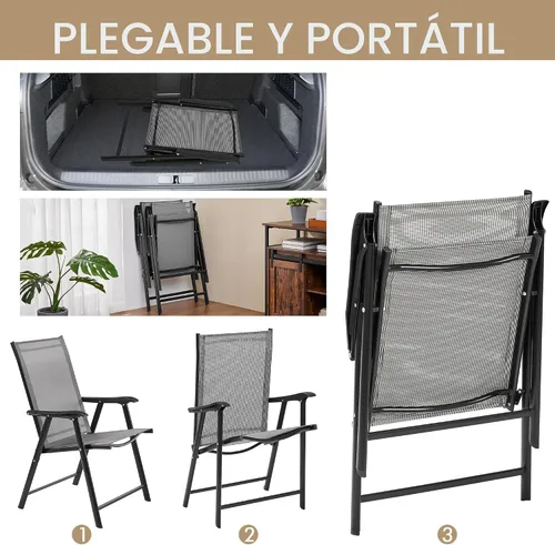 Miniatura 4 de Yaheetech Juego de 4 sillas de comedor para patio con reposabrazos, sillas plegables para exteriores con marco de metal y respaldo para césped, Gris