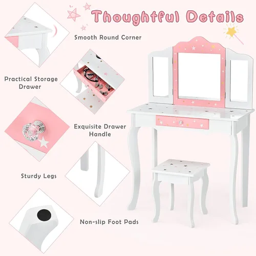 Miniatura 5 de Costzon Juego de tocador para niños con espejo, tocador de maquillaje de princesa 2 en 1 con parte superior desmontable, tocador para niñas pequeñas