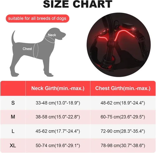 Miniatura 5 de MASBRILL Arnés iluminado para perro, sin tirones, arnés LED brillante con asa, ajustable para perros pequeños a grandes Rojo