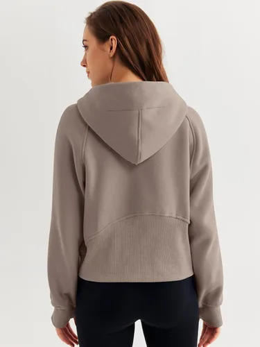 Miniatura 5 de WYNNQUE Sudadera corta con capucha para mujer, manga larga, forro polar, media cremallera, ropa de otoño