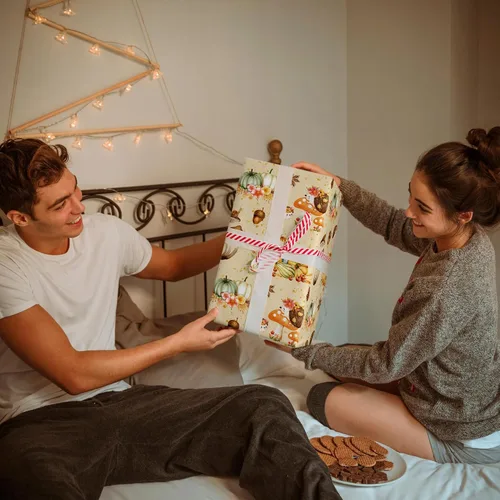 Miniatura 2 de SaringSwoon Papel de Regalo de Otoño para Niños y Adultos - Papel de Regalo de Bosque con Diseño de Erizo, Calabaza y Hongos para Otoño, Cumpleaños