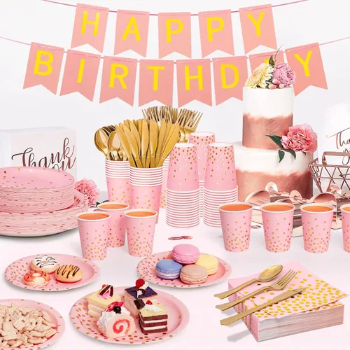 Miniatura 6 de Suministros de fiesta rosa y dorado, juego de vajilla desechable de 350 piezas con platos de papel rosa, servilletas, vasos, juego de cubiertos