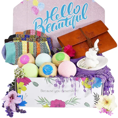 Miniatura 6 de Cesta de regalo para mujer El juego de regalo para mujer contiene 6 bombas de baño, 3 pares de calcetines, 1 diario de cuero, 1 soporte de anillo