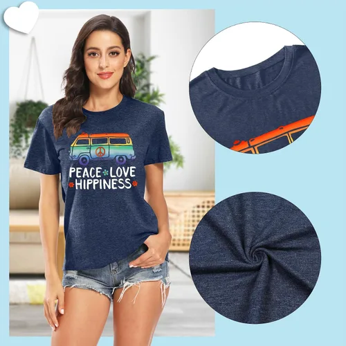 Miniatura 5 de Camiseta de amor con signo de paz para mujer, camiseta con estampado de flores, hippie de manga corta de los años 60 y 70, camiseta inspiradora