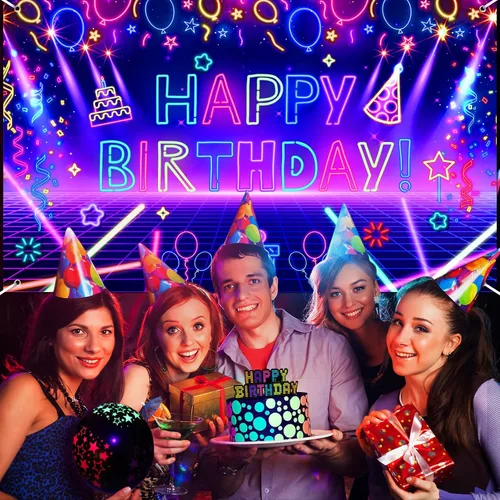 Miniatura 4 de Decoración de pancarta de fiesta de cumpleaños de neón brillante, telón de fondo de feliz cumpleaños con temática de fiesta
