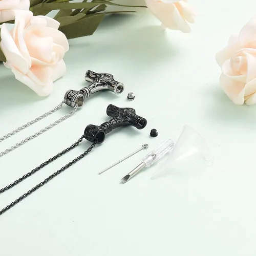 Miniatura 4 de shajwo Mjolnir Thors - Collar de urna de martillo para cenizas para hombres, celta, nórdico, vikingo, joyería de cremación para mujer, recuerdo