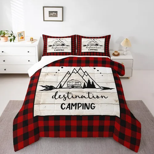 Miniatura 59 de Juego de Edredón para Acampar Feliz para Niños Tamaño Individual, Juego de Ropa de Cama Rústica de Aventura de Granja y Cabaña, Decoración