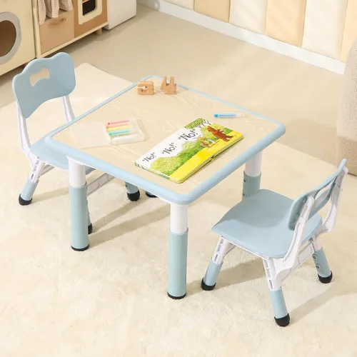 Hulaibit - Juego de mesa y 2 sillas para niños, mesa de altura ajustable para niños pequeños con cubiertas antideslizantes para los pies, mesa para