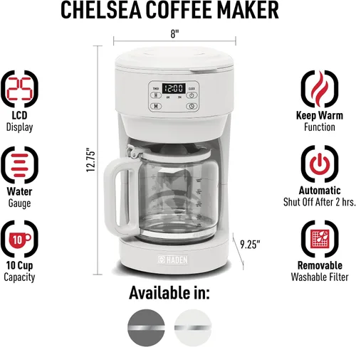 Miniatura 2 de Haden Chelsea - Cafetera digital de goteo de 10 tazas con jarra de vidrio, gris y cromo