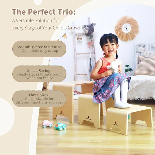 Miniatura 4 de Damoch Family® Montessori - Juego de taburetes para niños 3 en 1, mesa y sillas Bentwood para niños, anidación y destete, mesa y taburetes apilables