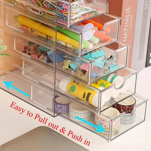 Miniatura 4 de Hipiwe Organizador de Cajones de Plástico Transparente Cajones de Escritorio con 6 Cajones Extraíbles Caja de Almacenamiento Compacta para Gabinete