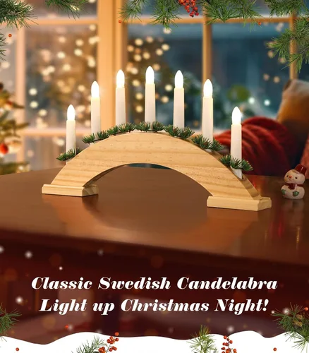 Miniatura 2 de Lewondr Candelabro sueco de Navidad, 7 velas cónicas sin llama con alimentación USB, luz de vela de ventana de Navidad con agujas de pino, luz