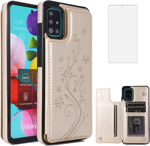 Miniatura 11 de Funda de teléfono para Samsung Galaxy A51 4G con protector de pantalla de vidrio templado y tarjetero con soporte para tarjetero, accesorios de Negro