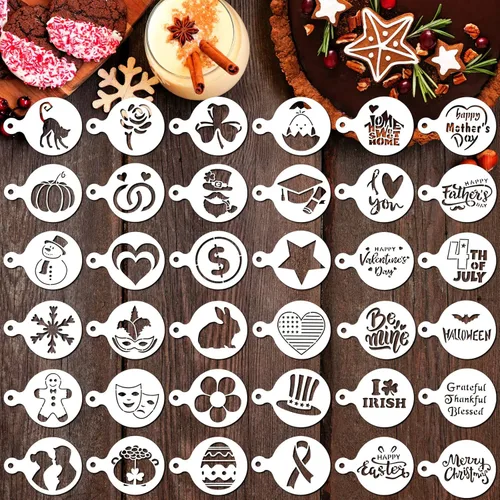 Honeydak Juego de 36 plantillas de pastel de galletas de temporada, plantillas reutilizables para hornear, plantillas de dibujo de café, cupcakes,