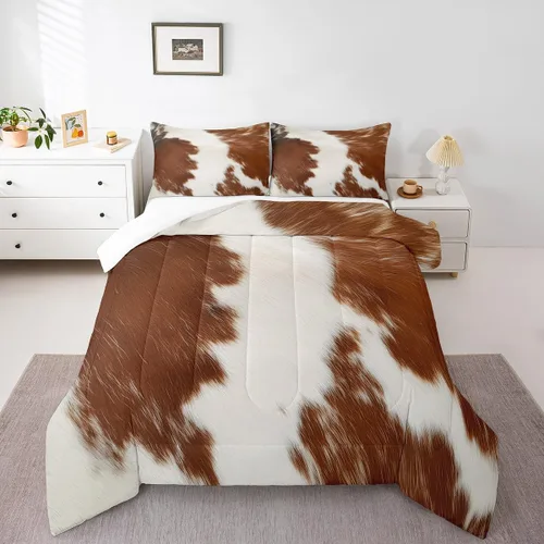 Miniatura 10 de Juego de edredón con estampado de vaca marrón para niñas y niños, edredón de plumón de piel de vaca de las tierras altas, ropa de cama de piel