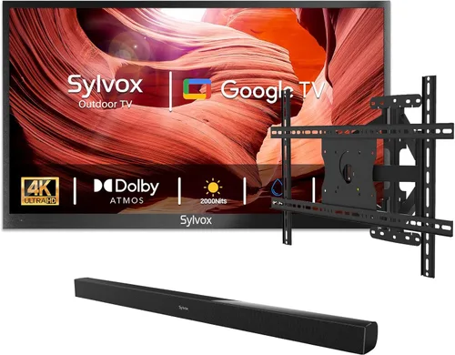 SYLVOX Televisión al aire libre con barra de sonido y montaje en pared y cubierta, 43 pulgadas 2000 Nit Smart TV Full Sun, legible a la luz solar,