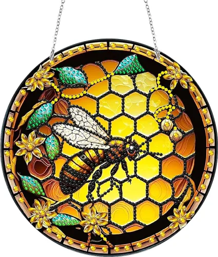 Kit de pintura de diamante de abeja 5D DIY, letrero colgante de arte de pared, arte de abeja, diamante, atrapasoles, adorno colgante de ventana,