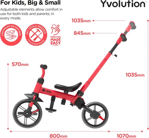 Miniatura 7 de Yvolution Y Velo Flippa - Triciclo convertible a bicicleta de balance 4 en 1 para pequeños de 2 a 5 años Rojo