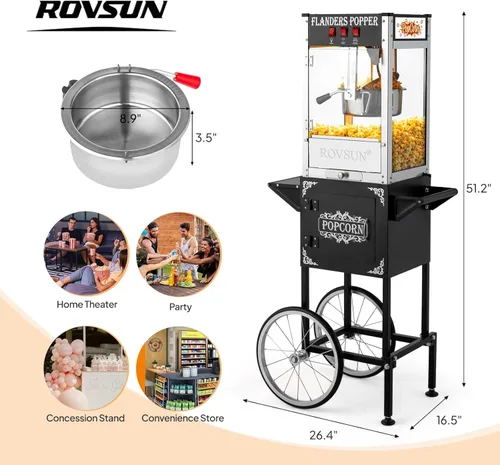 Miniatura 7 de Bonnlo Máquina de palomitas de maíz estilo cine con carrito y ruedas, máquina de palomitas de maíz de 8 onzas con cuchara de palomitas de maíz, Negro