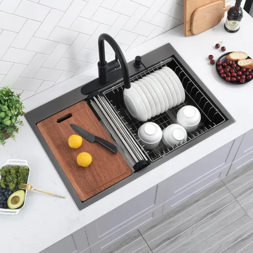 Miniatura 7 de Scamall - Fregadero de cocina con estación de trabajo, 33 x 22 x 10 pulgadas, fregadero de cocina negro 304 de acero inoxidable 304 con montaje