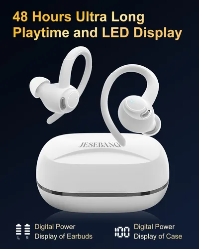 Miniatura 5 de Auriculares inalámbricos, auriculares Bluetooth 5.4 deportivos, auriculares sobre la oreja con micrófono de cancelación de ruido ENC, 48H, 2-Blanco