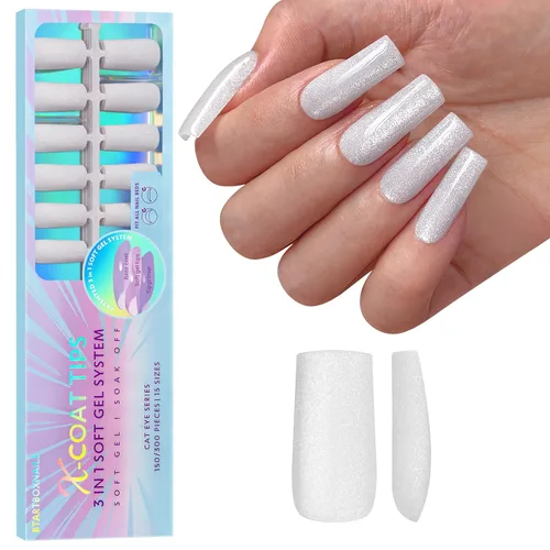 Miniatura 18 de BTArtboxnails XCOATTIPS uñas postizas con punta francesa - Uñas postizas largas cuadradas con base de purpurina rosa, 90 piezas de puntas de uñas