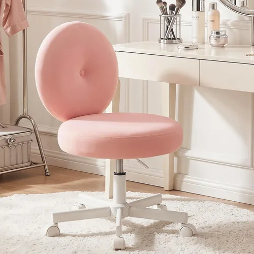 Miniatura 13 de Furniliving Silla de escritorio redonda sin brazos, pequeña silla tapizada de terciopelo con ruedas, silla de tarea ajustable giratoria con ruedas