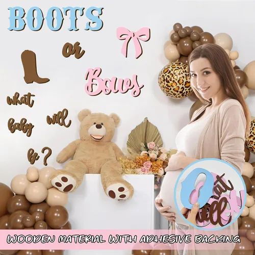 Miniatura 5 de Adhesivos de madera para señalización de revelación de género, arco de globos "¿Qué será el bebé?", botas o lazos, suministros de decoración