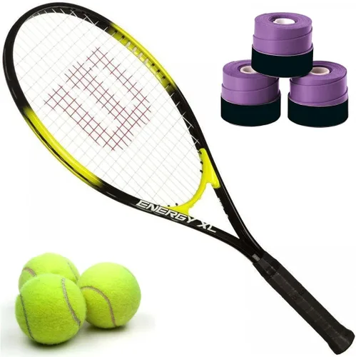 Miniatura 8 de Wilson Energy XL - Kit de inicio de raqueta de tenis de cuerpo largo de aleación de titanio, viene con un paquete de 3 overgrips y una lata