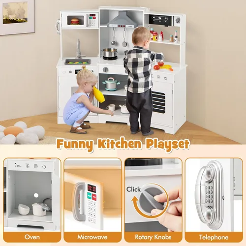 Miniatura 5 de HONEY JOY Juego de cocina de esquina para niños, juego de cocina de juguete de madera con luces y sonidos, campana extractora, máquina de hielo