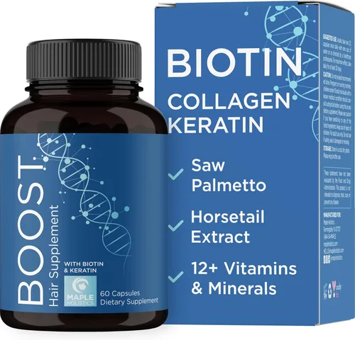 Biotin 10000mcg y suplemento de colágeno – Suplemento para el crecimiento del cabello con palma enana americana para mujeres y hombres – Cola de
