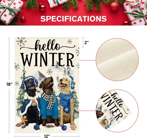 Miniatura 5 de AVOIN colorlife Bandera de Jardín Hello Winter Dog de 12x18 Pulgadas Doble Cara para Exterior, Bandera de Patio Exterior Rústica Estacional con Copo
