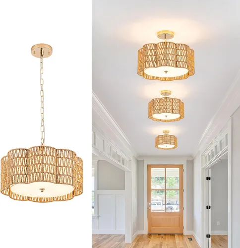 Miniatura 12 de ✿ Lámpara de Techo de Ratán Tejido a Mano de 13.8" con 3 Luces Montaje Empotrado Boho Negro para Dormitorio Pequeño y Guardería, Luz de Techo