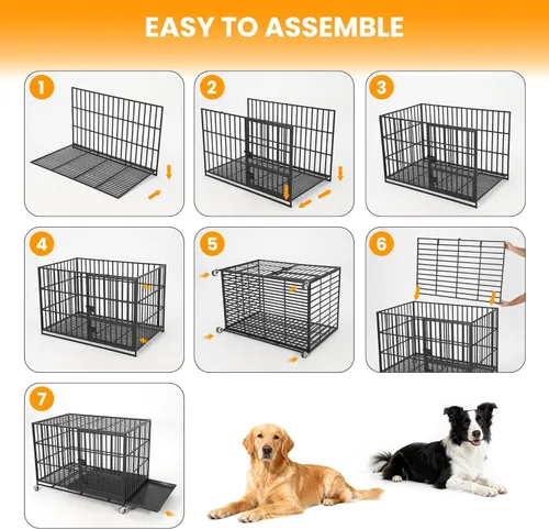 Miniatura 8 de Garvee Jaula para perros de 42 pulgadas, resistente de metal, a prueba de escapes, con 3 puertas, bandeja extraíble, jaula grande con ruedas
