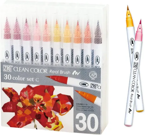 Kuretake ZIG - Pincel de color limpio real, juego de 30 colores C, puntas de pincel flexibles, bolígrafos de acuarela para pintar, dibujar, 30 VC/30