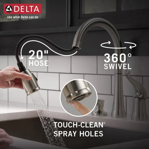 Miniatura 6 de Grifo de Cocina Delta Kate de Níquel Cepillado con Rociador Extraíble y Dispensador de Jabón, Grifo Moderno de Fregadero de Cocina de Dos Orificios