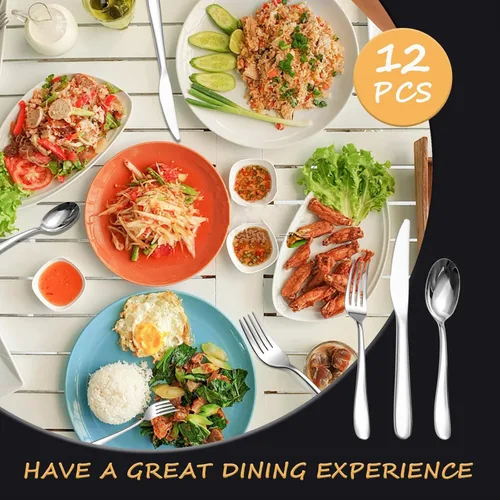 Miniatura 4 de SANTUO Juego de cubiertos de acero inoxidable de 12 piezas para cena, incluye 4 cuchillos de cena, 4 tenedores de cena, 4 cucharas de cena, juego