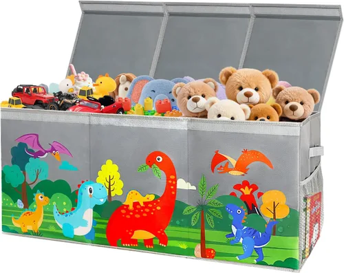 Miniatura 9 de Caja de juguetes extragrande con tapas, organizador plegable de almacenamiento de juguetes para niños, caja de juguetes de dinosaurio para niños Gris