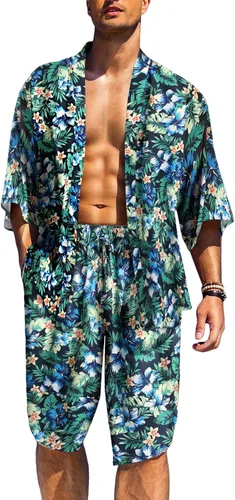 COOFANDY Conjunto de 2 piezas de bata tipo kimono para hombre, frente abierto, estilo cardiano, japonés, harén, pantalones cortos capri para playa,