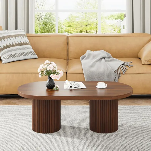 Miniatura 8 de Mesa de centro ovalada acanalada, mesa de centro de madera estilo granja, mesa central moderna de mediados de siglo boho para sala de estar y Nogal