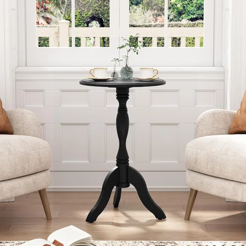 Miniatura 6 de HLR Mesa auxiliar redonda pequeña, mesas auxiliares laterales con pedestal de madera, mesita de noche vintage para sala de estar, dormitorio, Negro
