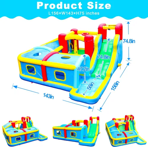 Miniatura 3 de WELLFUNTIME Parque inflable de tobogán acuático con soplador, castillo hinchable de 156 x 143 x 75 pulgadas con tobogán, escalada en roca, piscina