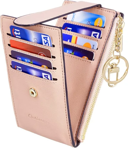 Miniatura 6 de Chelmon Billetera delgada con bloqueo RFID para mujer, con bolsillo con cremallera, Rosa Champán, Minimalista