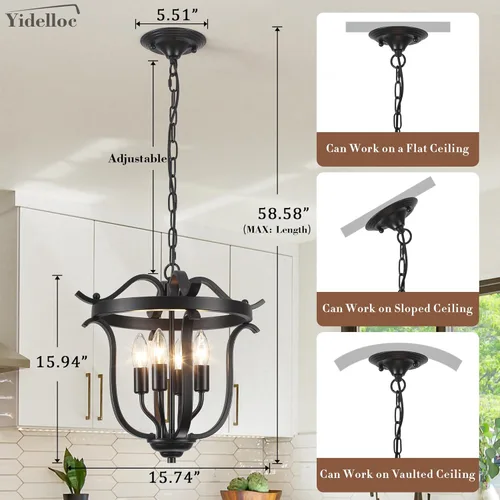 Miniatura 3 de Candelabro negro estilo jaula de granja E12 4 lámparas de techo lámparas vintage para comedor, cocina, entrada, pasillo, vestíbulo