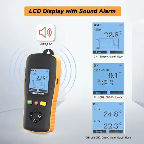 Miniatura 3 de Tzone Termómetro de datos de termopar tipo K/T/J Termómetro de doble sonda de mano dual channel temp recorder usb,digital,61440 recordings,auto