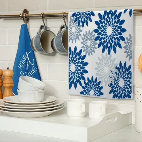 Miniatura 2 de Kajaia 4 paños de cocina azules florales paños de cocina geométricos, toallas de mano decorativas bohemias, paños de mano absorbentes a cuadros