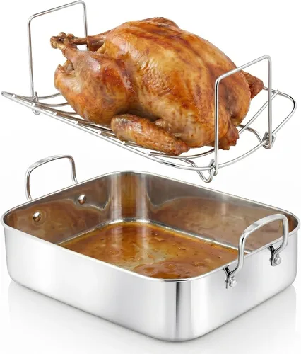 Miniatura 9 de NutriChef Asador de cocina de acero inoxidable de 14 pulgadas con rejilla de alambre pulido, versátil juego de hornear para pavo, pollo, carnes