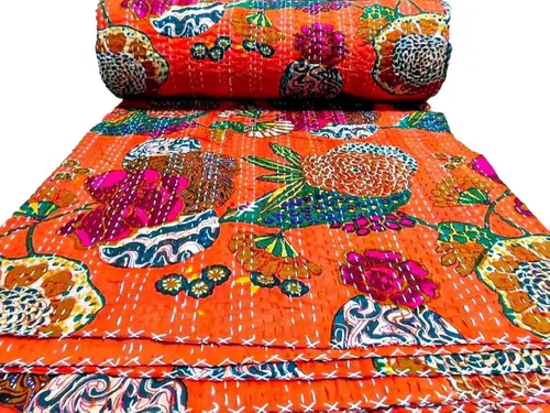 Miniatura 19 de Manta Kantha de retazos bohemios, manta de cama bohemia tamaño King, colcha Kantha con estampado de frutas, funda de cama Kantha hecha a mano Beige