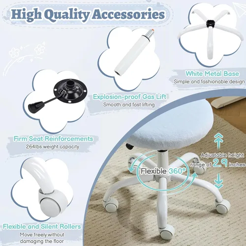 Miniatura 7 de VINGLI Silla de tocador pequeña con ruedas de piel sintética para niñas, bonita silla de escritorio de oficina sin brazos de altura ajustable